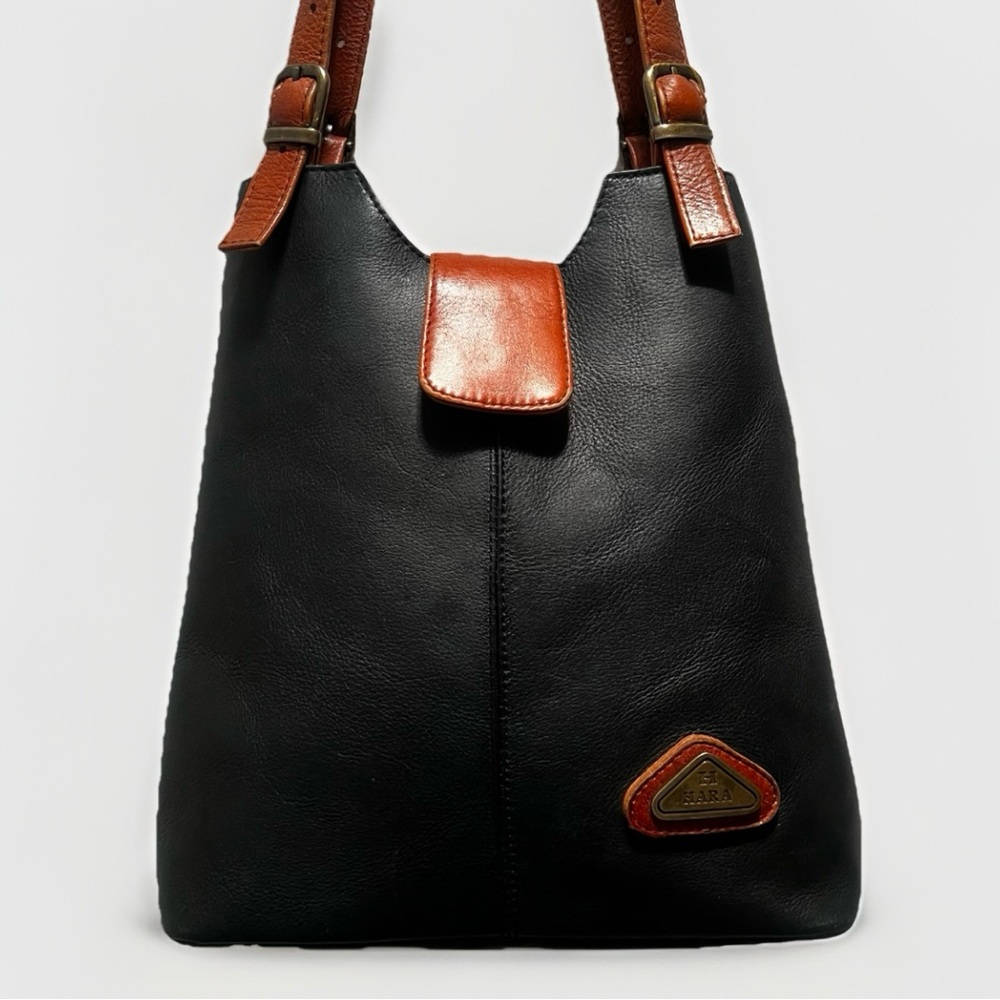 Hara Daviny Genuine Leather Vintage Shoulder Bag Black Brown Double Handle Purse